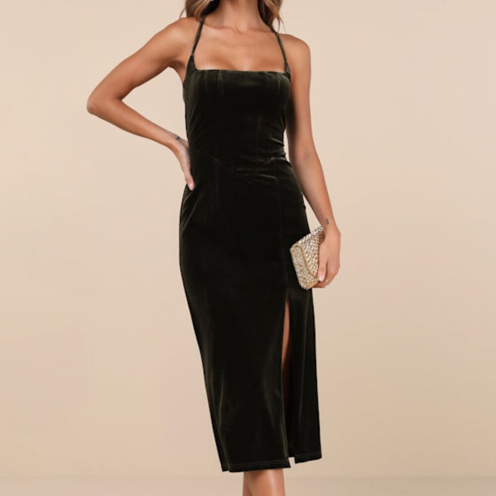 Lulus Gorgeous Composure Olive Velvet Lace-up Sleeveless Midi Dress Green